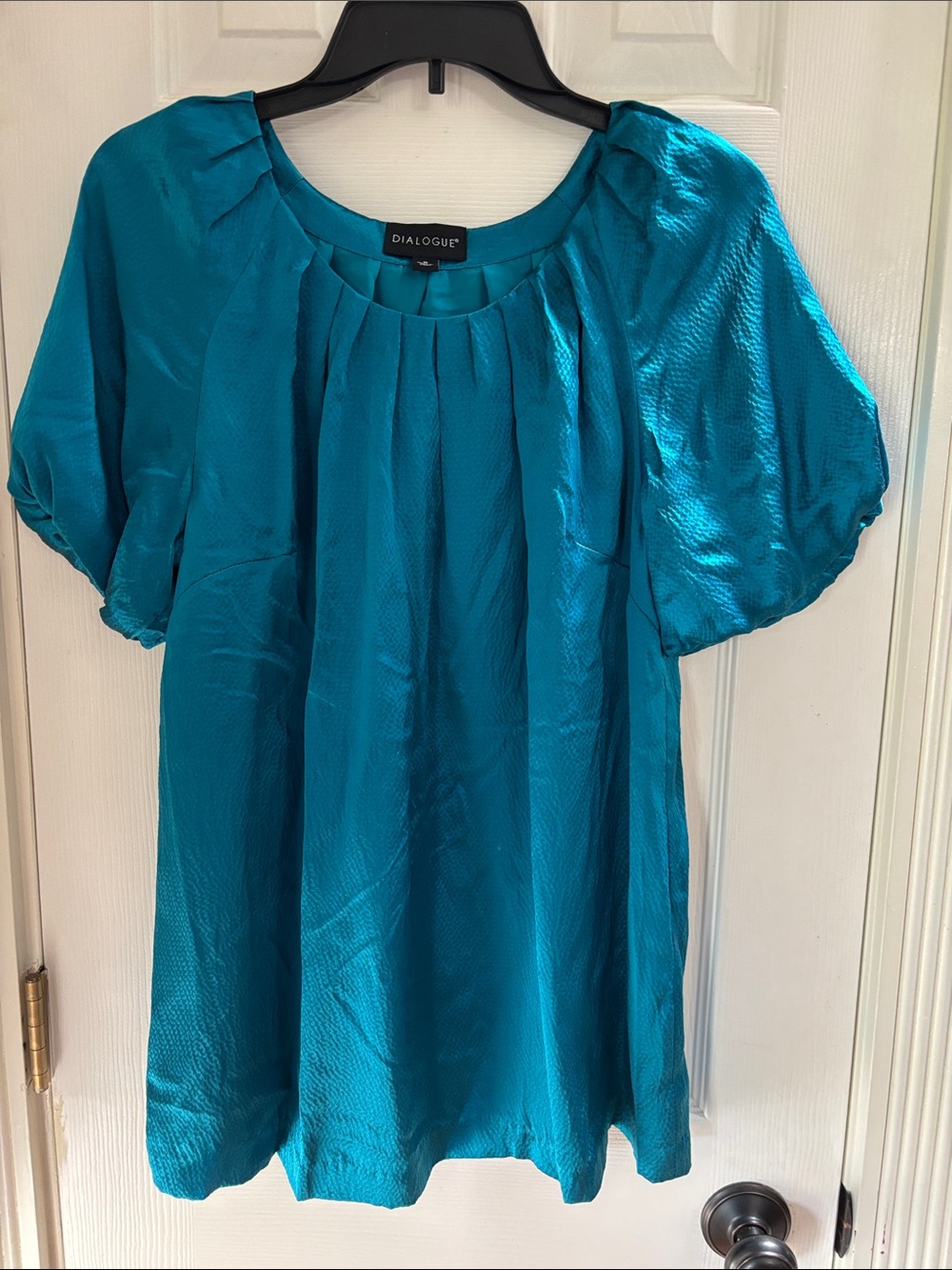 Dialogue Silk Teal Pleated Short Puff Sleeve Blouse